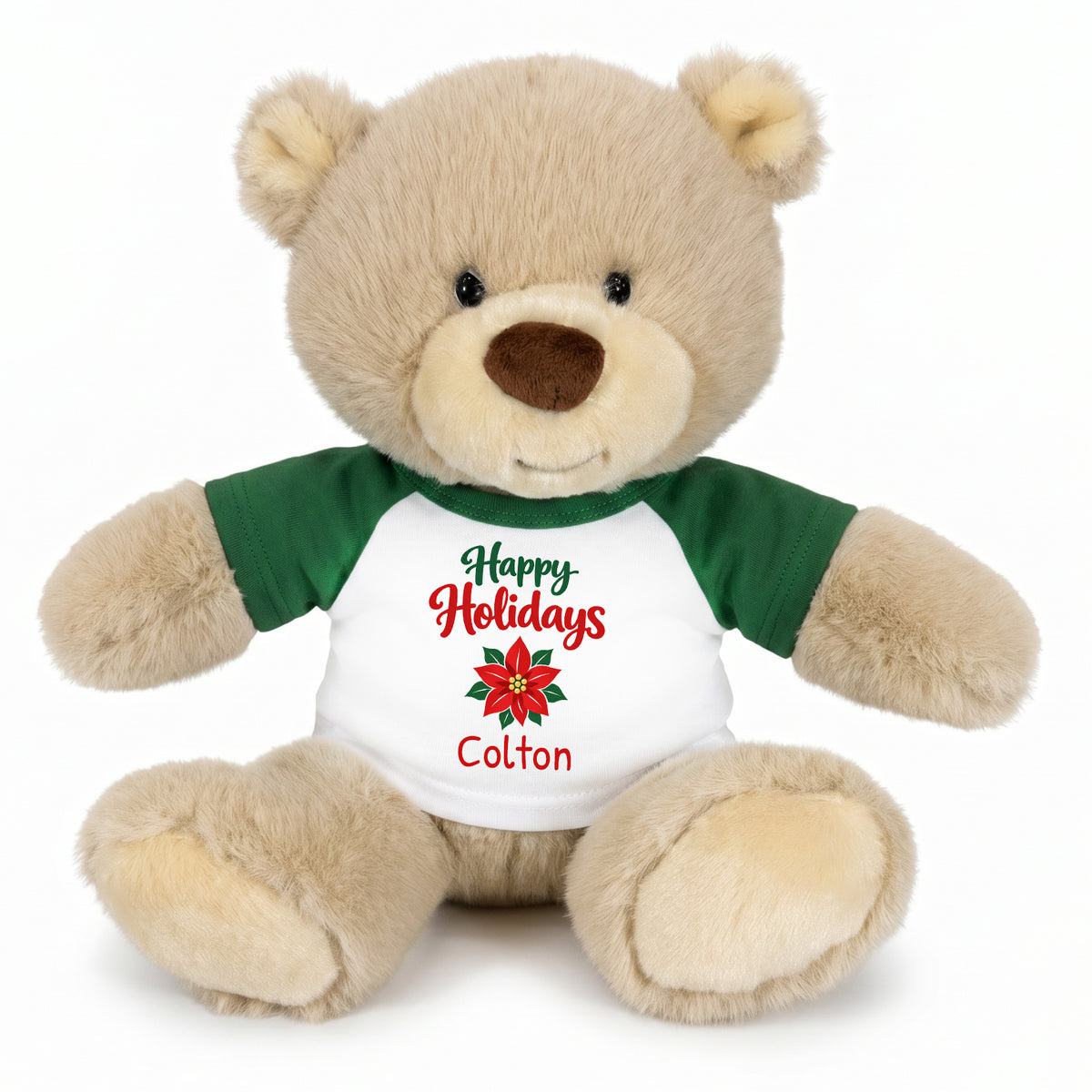 Personalized Christmas Teddy Bear - 10 Inch Tan Nuzzles Bear - Green, Happy Holidays Poinsettia