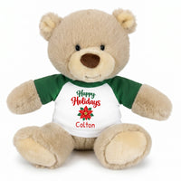 Personalized Christmas Teddy Bear - 10 Inch Tan Nuzzles Bear - Green, Happy Holidays Poinsettia