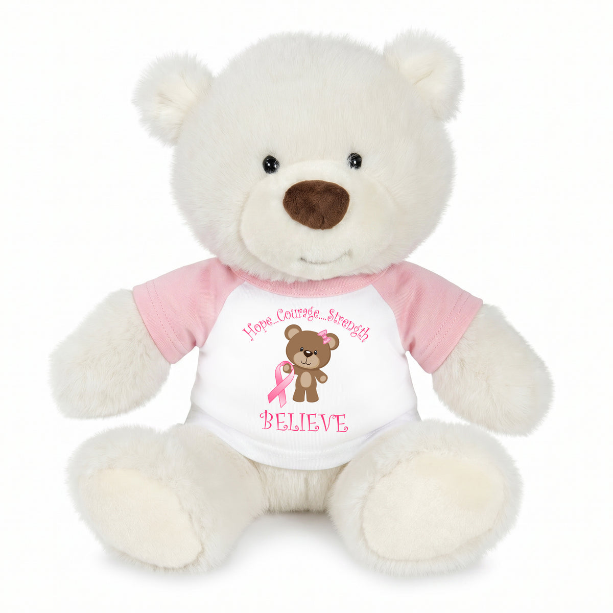 Personalized Breast Cancer Support Teddy Bear - 10 Inch White Nuzzles Bear - Believe Design