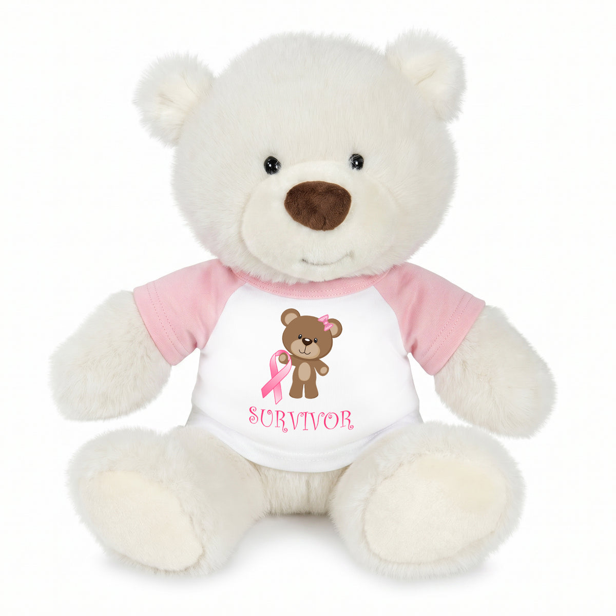 Personalized Breast Cancer Support Teddy Bear - 10 Inch White Nuzzles Bear - Survivor Design
