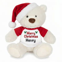 Personalized Christmas Teddy Bear - 10 Inch White Nuzzles Bear - Christmas Words Design with Santa Hat