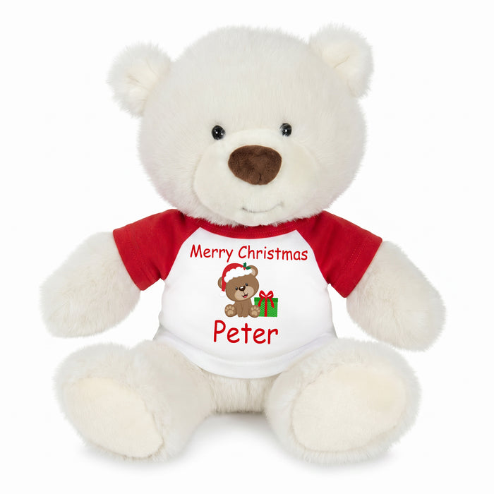 Personalized Christmas Teddy Bear - 10 Inch White Nuzzles Bear - Christmas Bear Design 