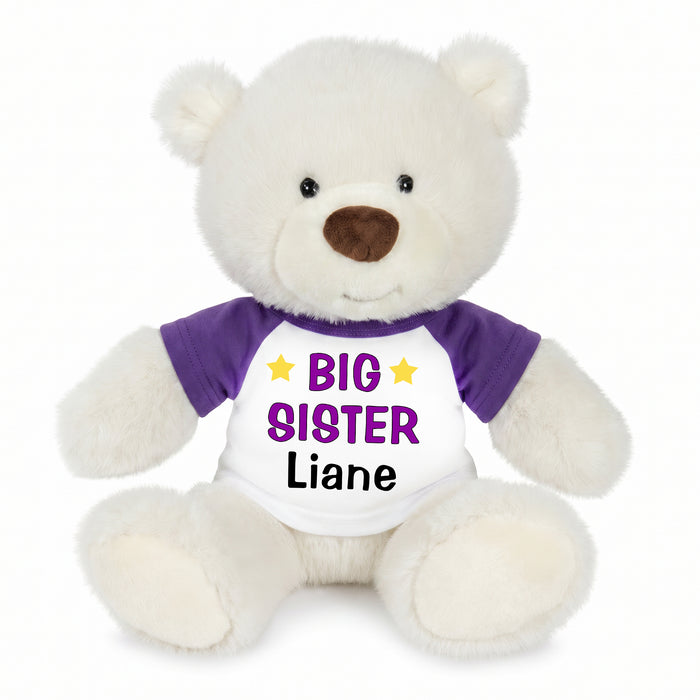 Personalized Big Sister Teddy Bear - 10 Inch White Nuzzles Bear - Purple