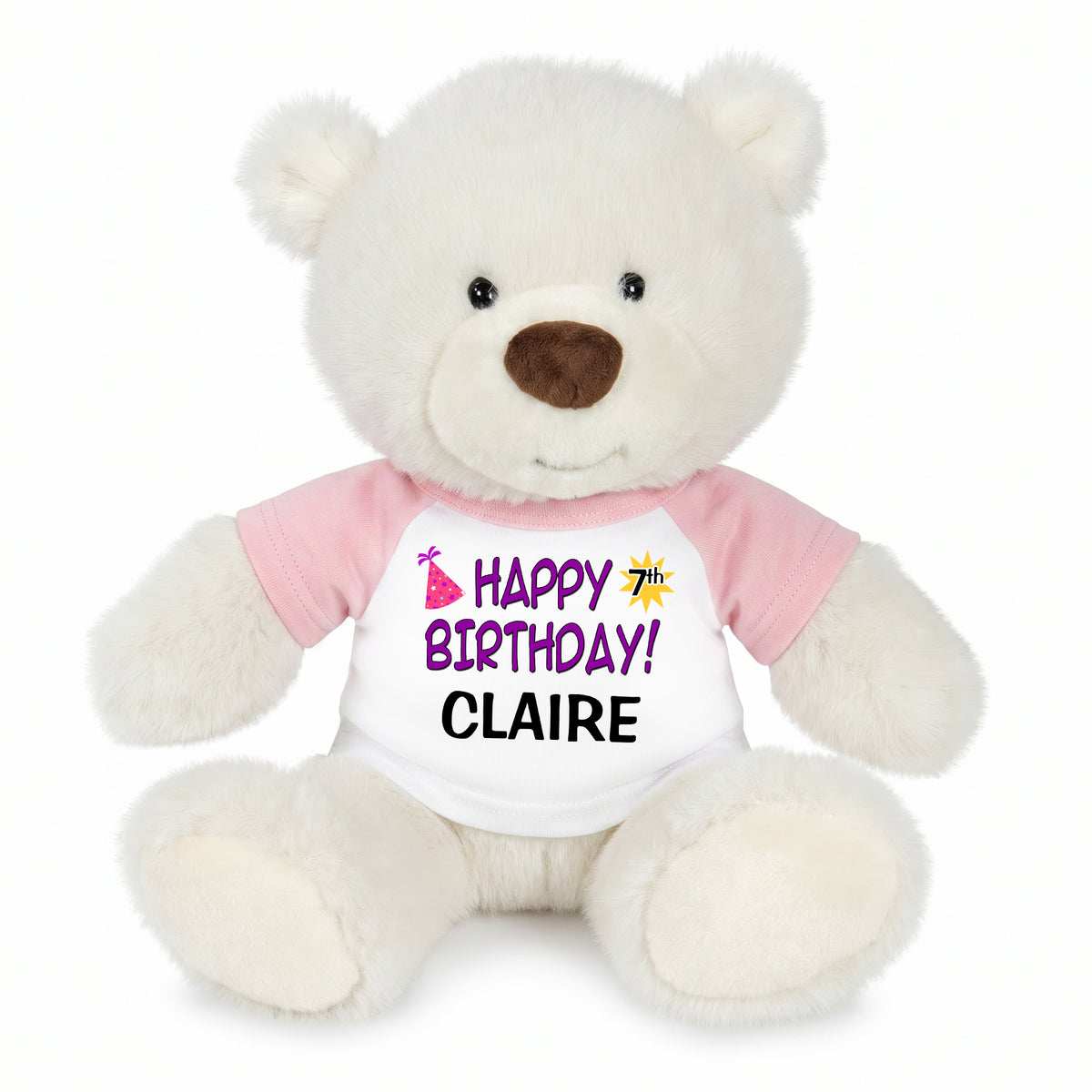 Personalized Happy Birthday Teddy Bear - 10 Inch White Nuzzles Bear - Pink Sleeves, Purple Design
