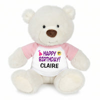 Personalized Happy Birthday Teddy Bear - 10 Inch White Nuzzles Bear - Pink Sleeves, Purple Design