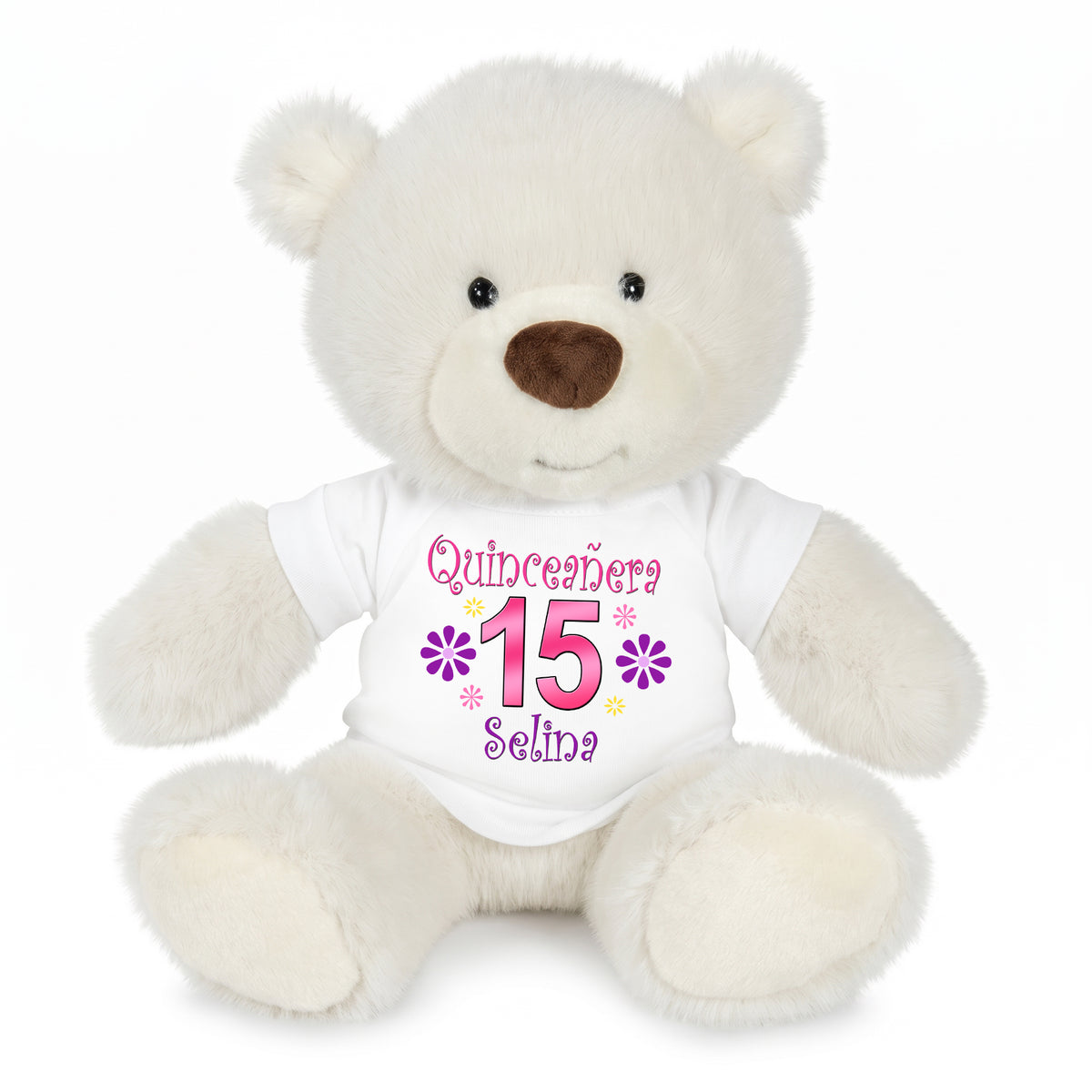 Personalized Quinceanera Teddy Bear - 10 Inch White Nuzzles Bear - White