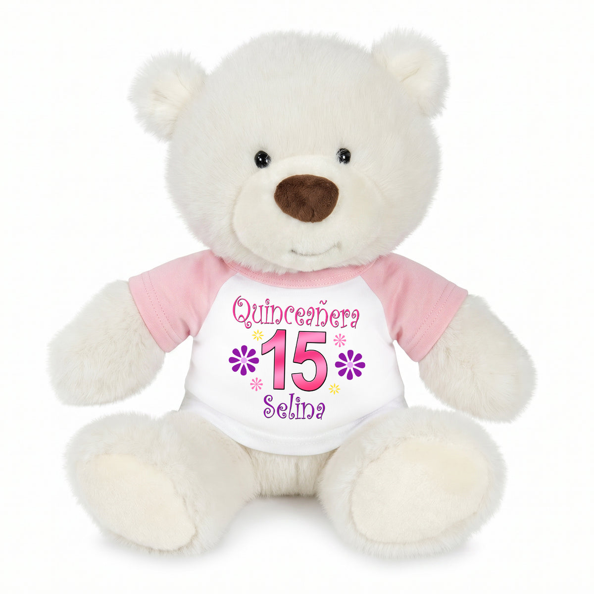Personalized Quinceanera Teddy Bear - 10 Inch White Nuzzles Bear - Pink
