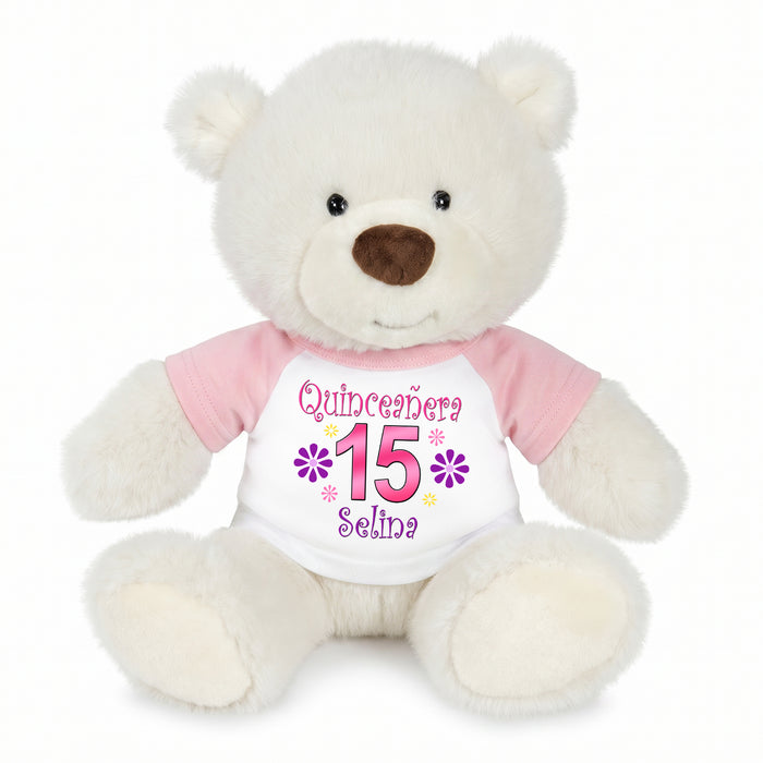 Personalized Quinceanera Teddy Bear - 10 Inch White Nuzzles Bear - Pink