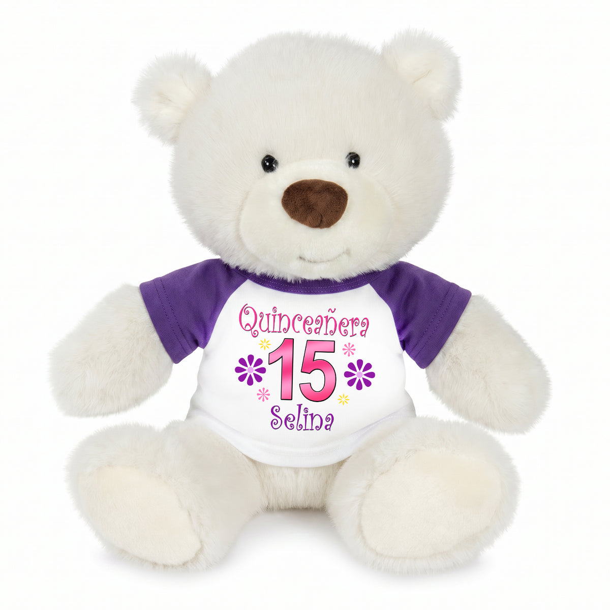 Personalized Quinceanera Teddy Bear - 10 Inch White Nuzzles Bear - Purple