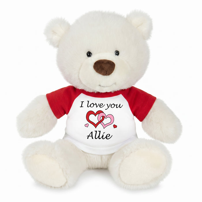 Personalized Valentines or Love Teddy Bear - 10 Inch White Nuzzles Bear - Interlocking Hearts