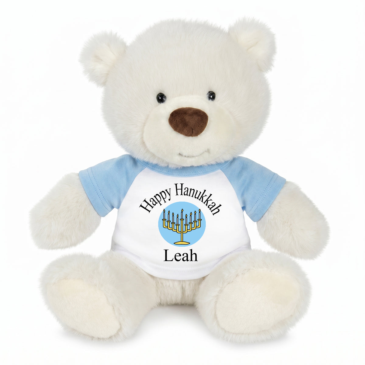 Personalized Hanukkah Teddy Bear - 10 Inch White Nuzzles Bear - Lt Blue/Lt Blue