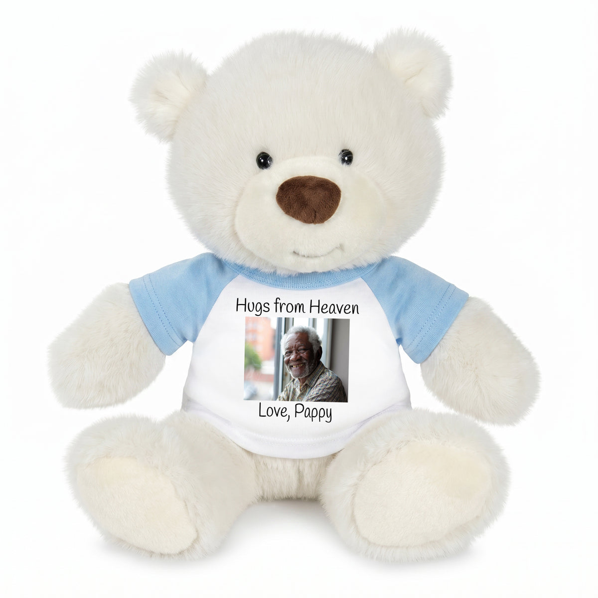 Personalized Memorial Teddy Bear - 10 Inch White Nuzzles Bear - Light Blue