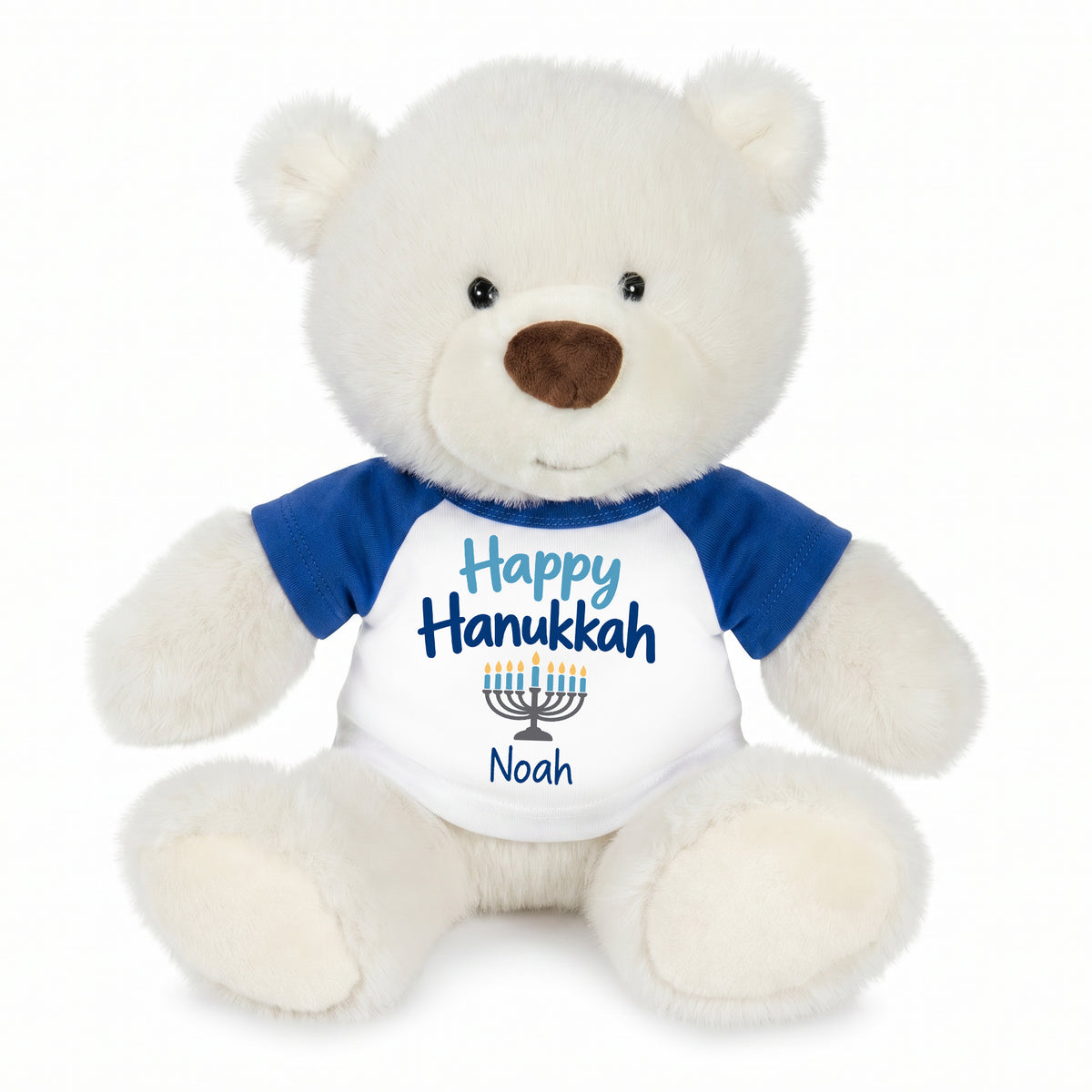 Personalized Hanukkah Teddy Bear - 10 Inch White Nuzzles Bear - Royal Blue Shirt with Blue Design
