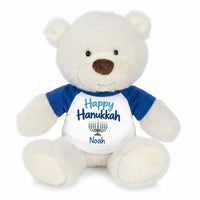 Personalized Hanukkah Teddy Bear - 10 Inch White Nuzzles Bear - Royal Blue Shirt with Blue Design
