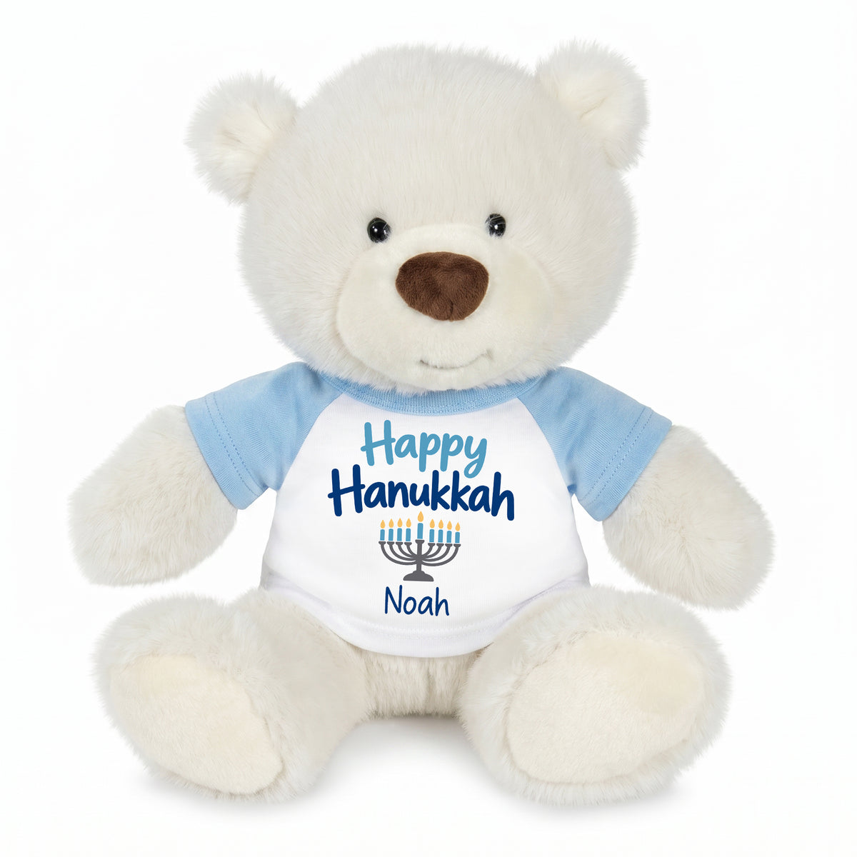 Personalized Hanukkah Teddy Bear - 10 Inch White Nuzzles BearPersonalized Hanukkah Teddy Bear - 10 Inch White Nuzzles Bear - Light Blue Shirt with Blue Design