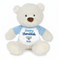Personalized Hanukkah Teddy Bear - 10 Inch White Nuzzles BearPersonalized Hanukkah Teddy Bear - 10 Inch White Nuzzles Bear - Light Blue Shirt with Blue Design
