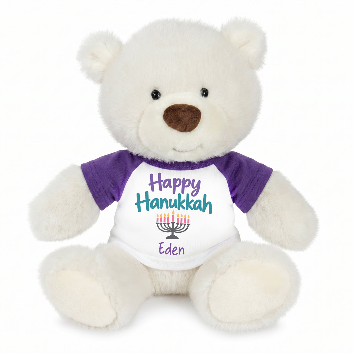 Personalized Hanukkah Teddy Bear - 10 Inch White Nuzzles Bear - Purple Shirt with Pastel Design