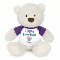 Personalized Hanukkah Teddy Bear - 10 Inch White Nuzzles Bear - Purple Shirt with Pastel Design
