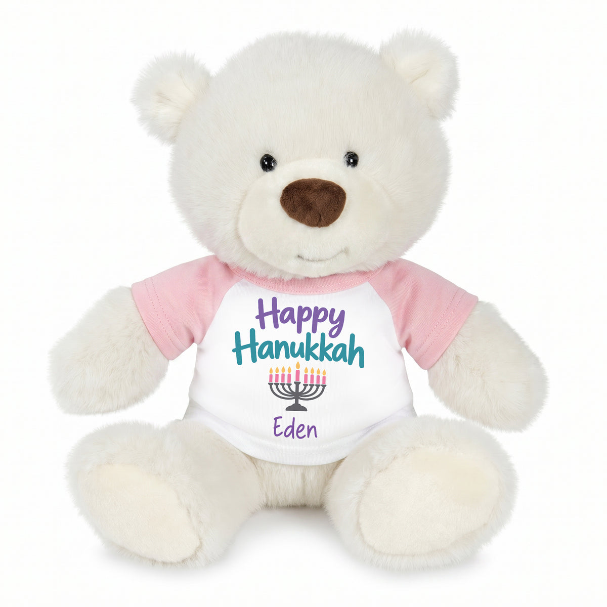 Personalized Hanukkah Teddy Bear - 10 Inch White Nuzzles Bear - pink Shirt with Pastel Design
