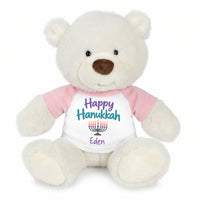 Personalized Hanukkah Teddy Bear - 10 Inch White Nuzzles Bear - pink Shirt with Pastel Design