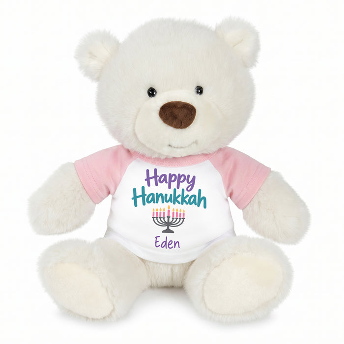 Personalized Hanukkah Teddy Bear - 10 Inch White Nuzzles Bear - pink Shirt with Pastel Design