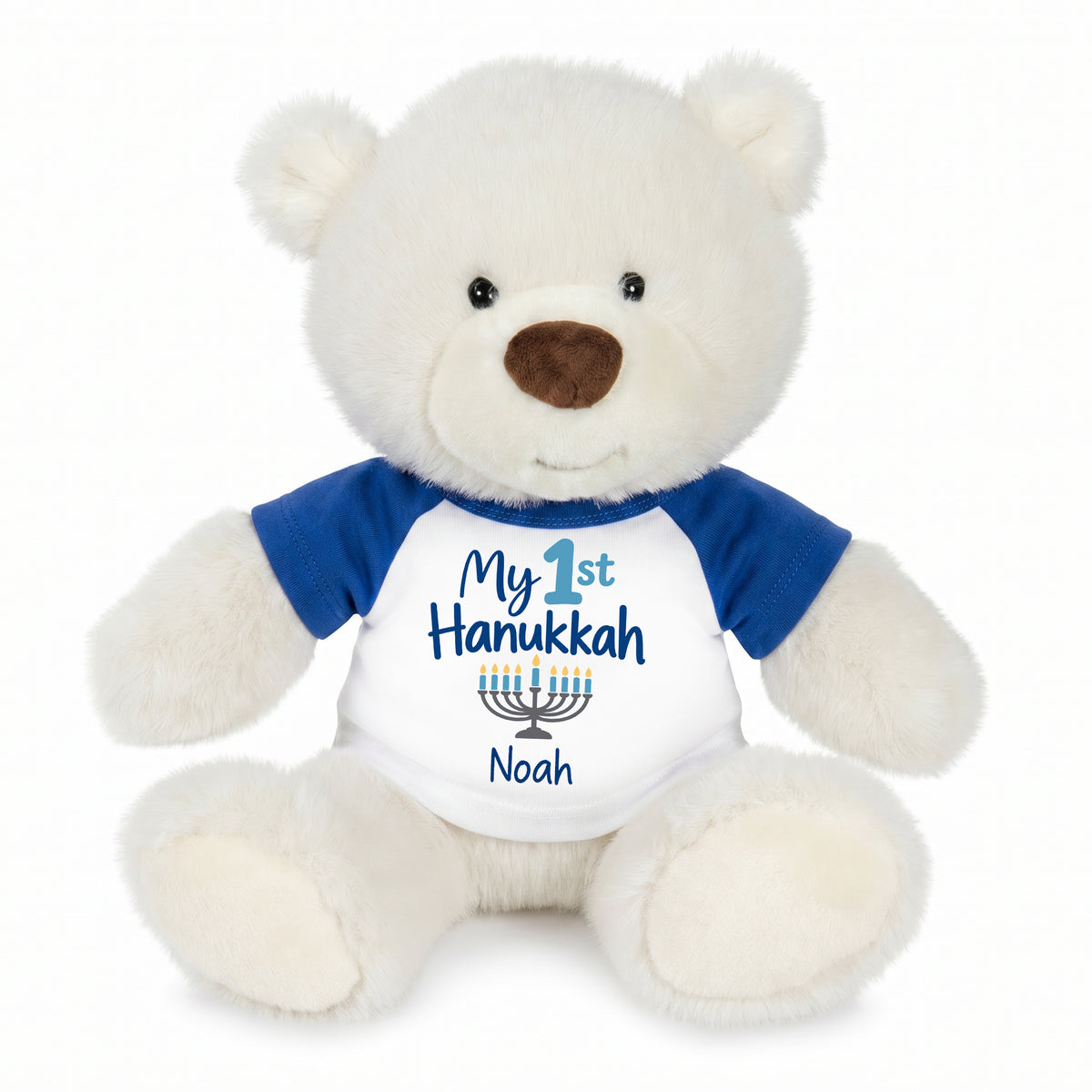 Personalized Hanukkah Teddy Bear - 10 Inch White Nuzzles Bear - My First Hanukkah Design, Royal Blue