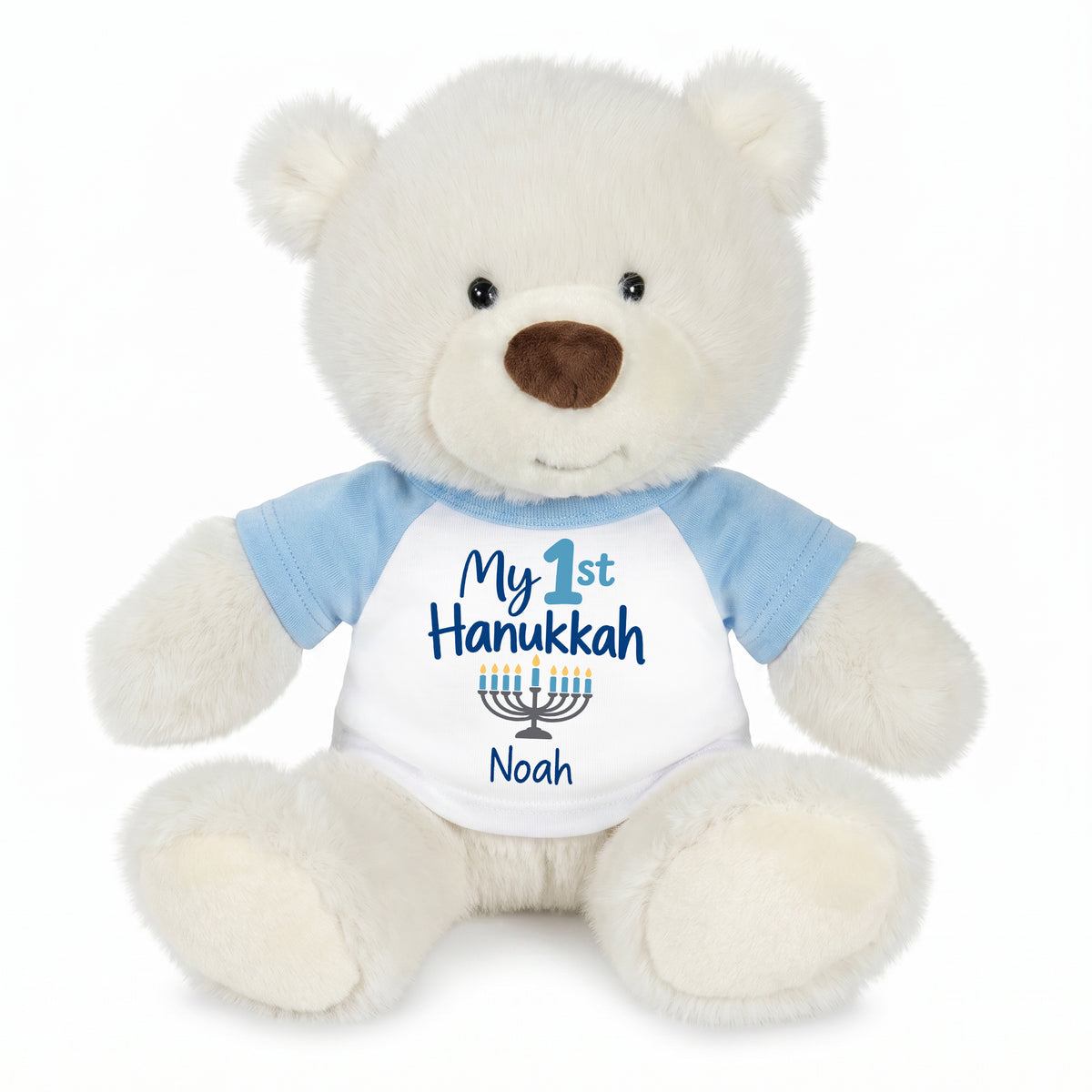 Personalized Hanukkah Teddy Bear - 10 Inch White Nuzzles Bear - My First Hanukkah Design, Light Blue