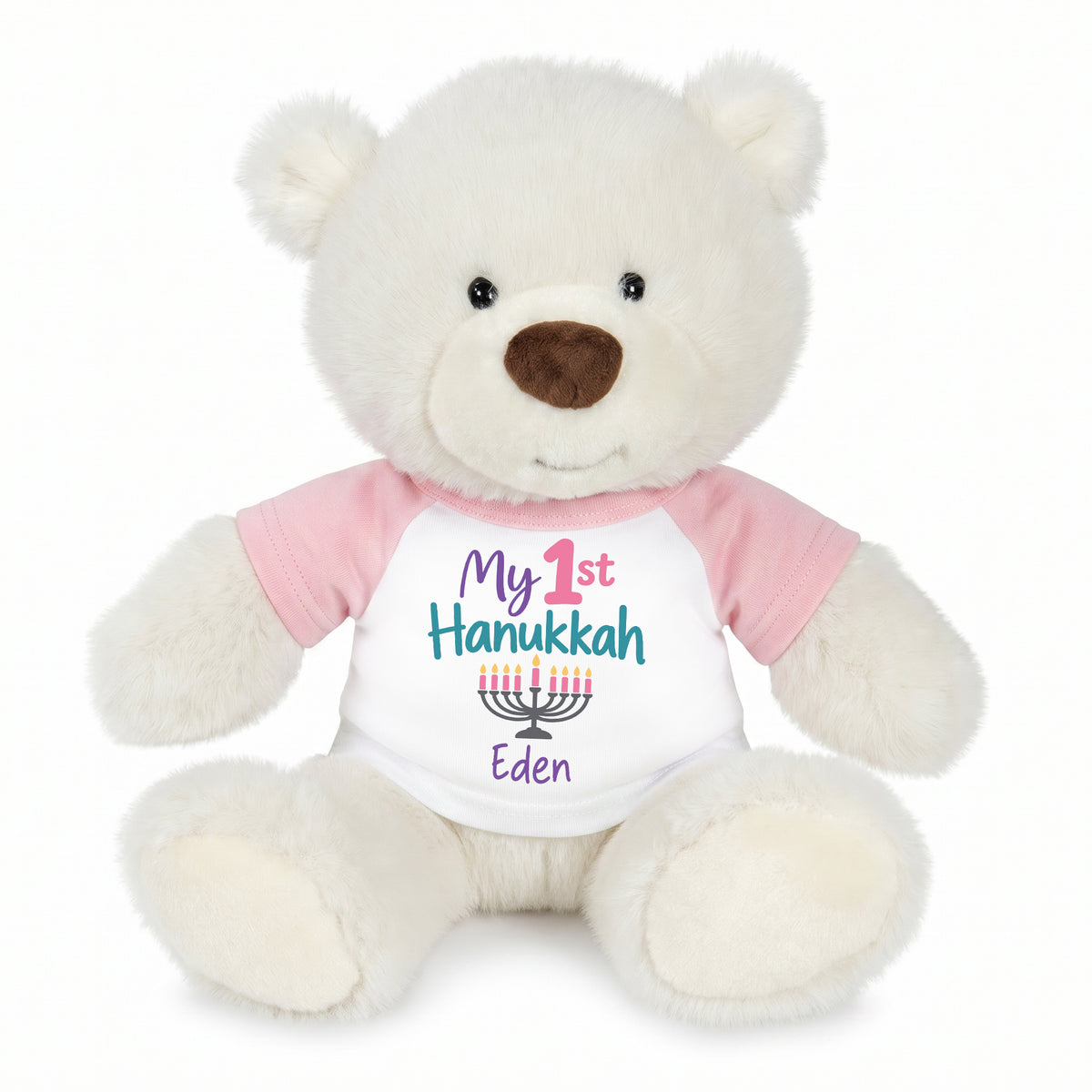 Personalized Hanukkah Teddy Bear - 10 Inch White Nuzzles Bear - My First Hanukkah Design, Pink with Pastel Design