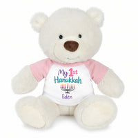 Personalized Hanukkah Teddy Bear - 10 Inch White Nuzzles Bear - My First Hanukkah Design, Pink with Pastel Design
