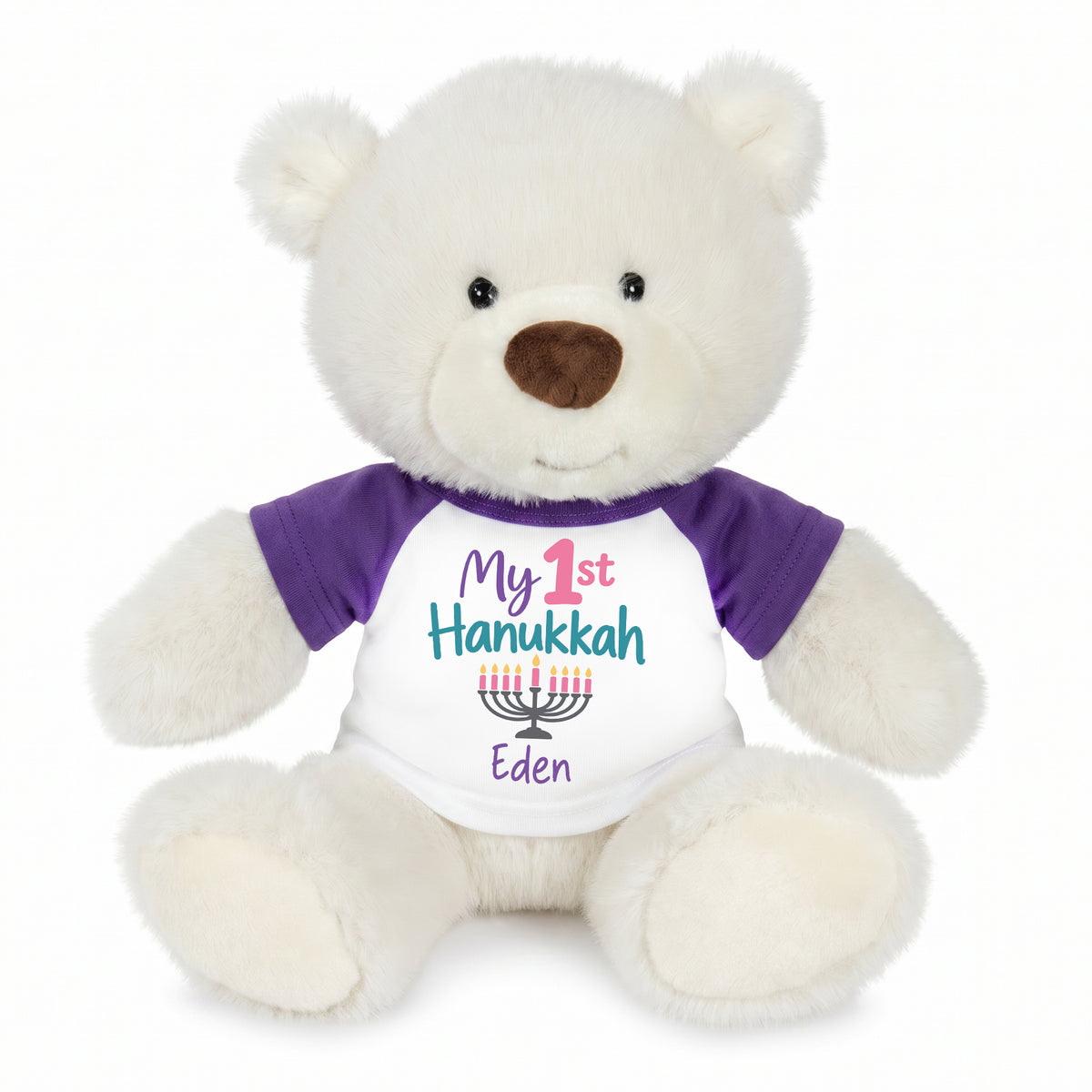 Personalized Hanukkah Teddy Bear - 10 Inch White Nuzzles Bear - My First Hanukkah Design - Purple with Pastel Design
