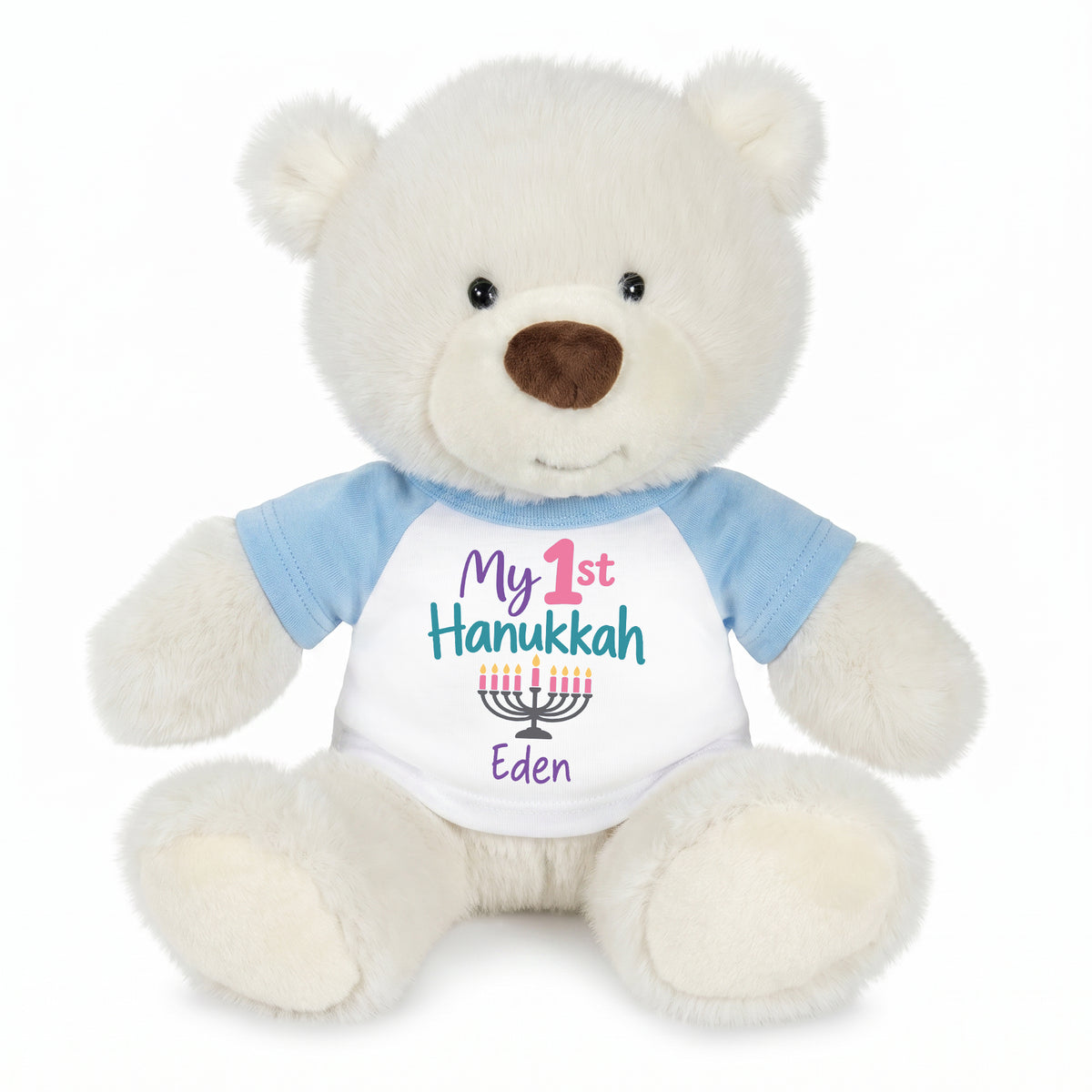 Personalized Hanukkah Teddy Bear - 10 Inch White Nuzzles Bear - My First Hanukkah Design - Light Blue with Pastel Design