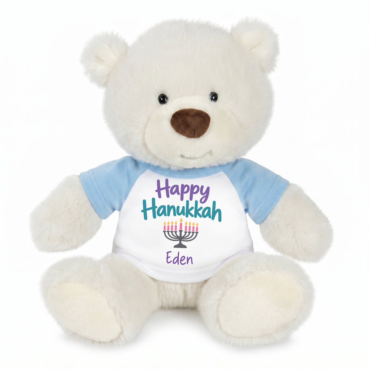Personalized Hanukkah Teddy Bear - 10 Inch White Nuzzles Bear - Light Blue Shirt - Pastel Design