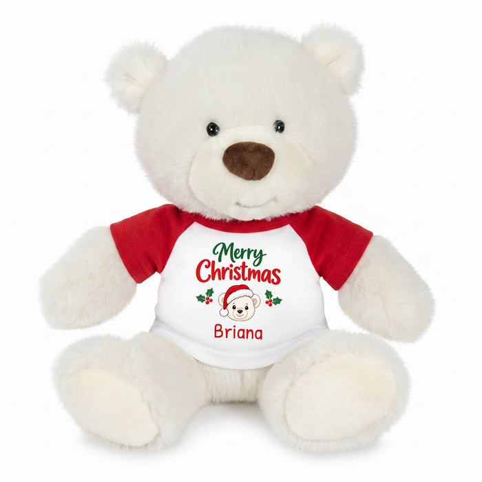 Personalized Christmas Teddy Bear - 10 Inch White Nuzzles Bear - Red, Merry Christmas Bear