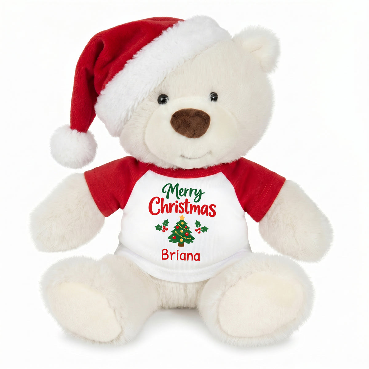 Personalized Christmas Teddy Bear - 10 Inch White Nuzzles Bear - with optional Santa hat