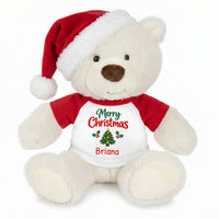 Personalized Christmas Teddy Bear - 10 Inch White Nuzzles Bear - with optional Santa hat