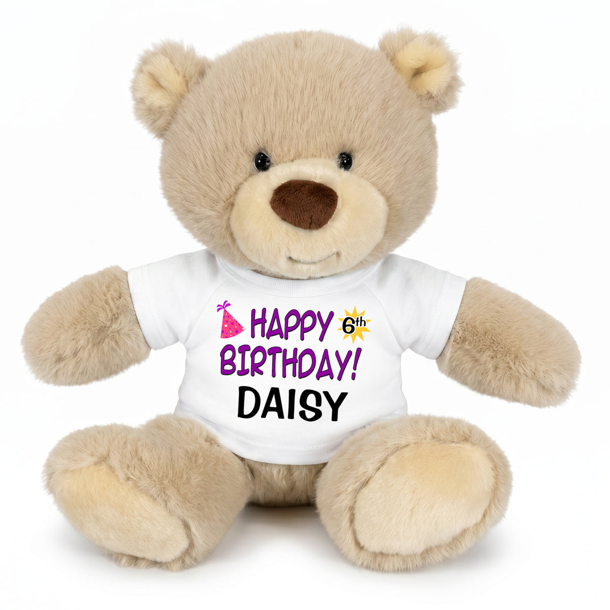 Personalized Birthday Teddy Bear - 10 Inch Tan Nuzzles Bear, Purple Words, White Shirt