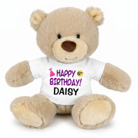 Personalized Birthday Teddy Bear - 10 Inch Tan Nuzzles Bear, Purple Words, White Shirt