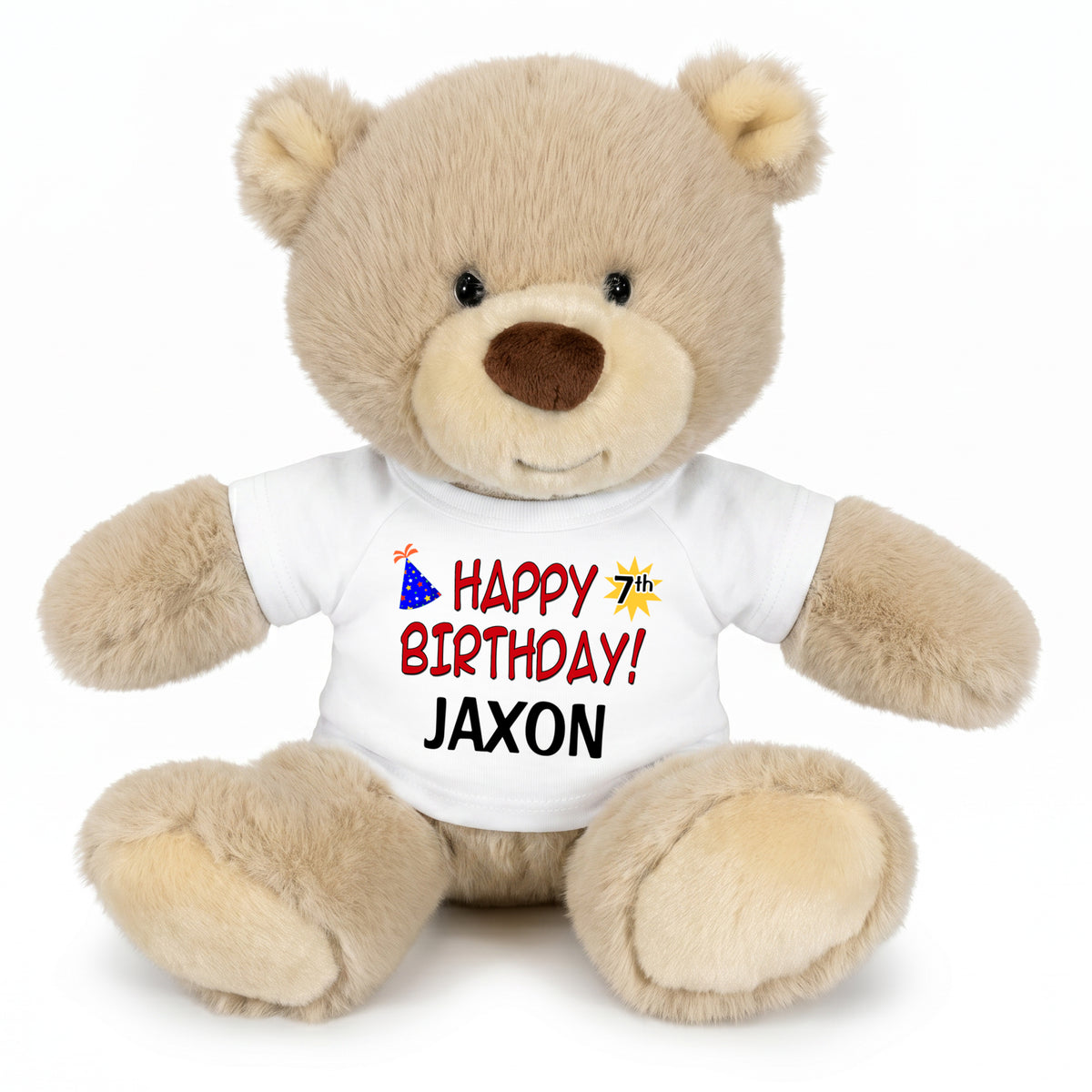 Personalized Birthday Teddy Bear - 10 Inch Tan Nuzzles Bear, Red Words, White Shirt
