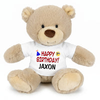 Personalized Birthday Teddy Bear - 10 Inch Tan Nuzzles Bear, Red Words, White Shirt
