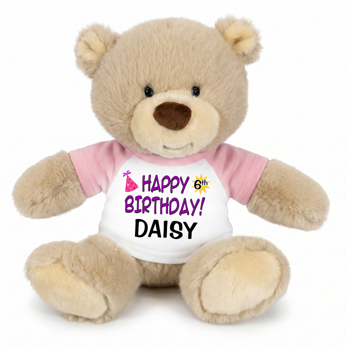 Personalized Birthday Teddy Bear - 10 Inch Tan Nuzzles Bear, Purple Words, Pink Sleeved Shirt