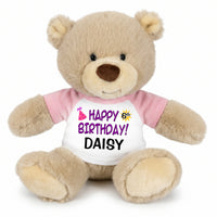 Personalized Birthday Teddy Bear - 10 Inch Tan Nuzzles Bear, Purple Words, Pink Sleeved Shirt