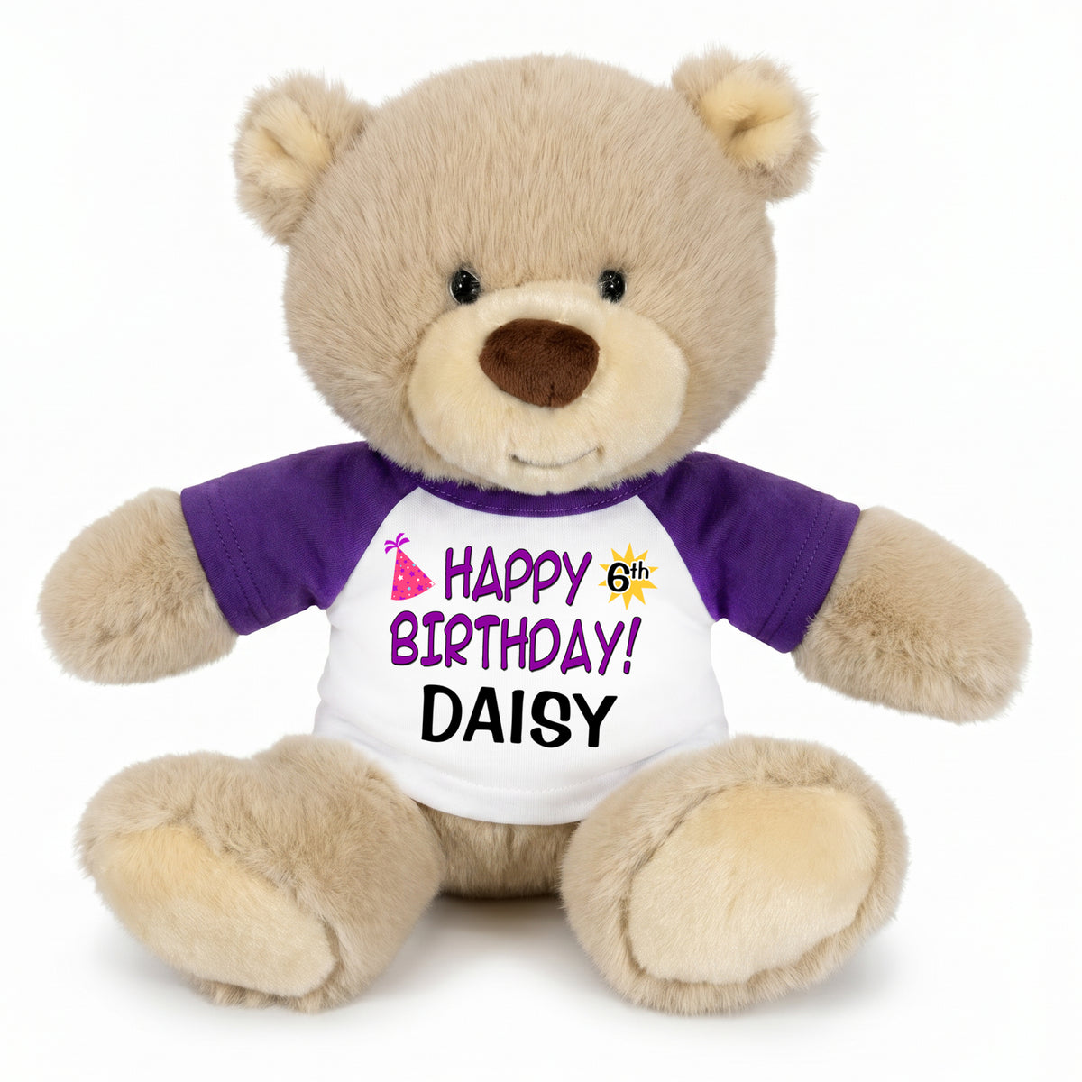 Personalized Birthday Teddy Bear - 10 Inch Tan Nuzzles Bear, Purple Words, Purple Sleeved Shirt