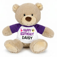 Personalized Birthday Teddy Bear - 10 Inch Tan Nuzzles Bear, Purple Words, Purple Sleeved Shirt