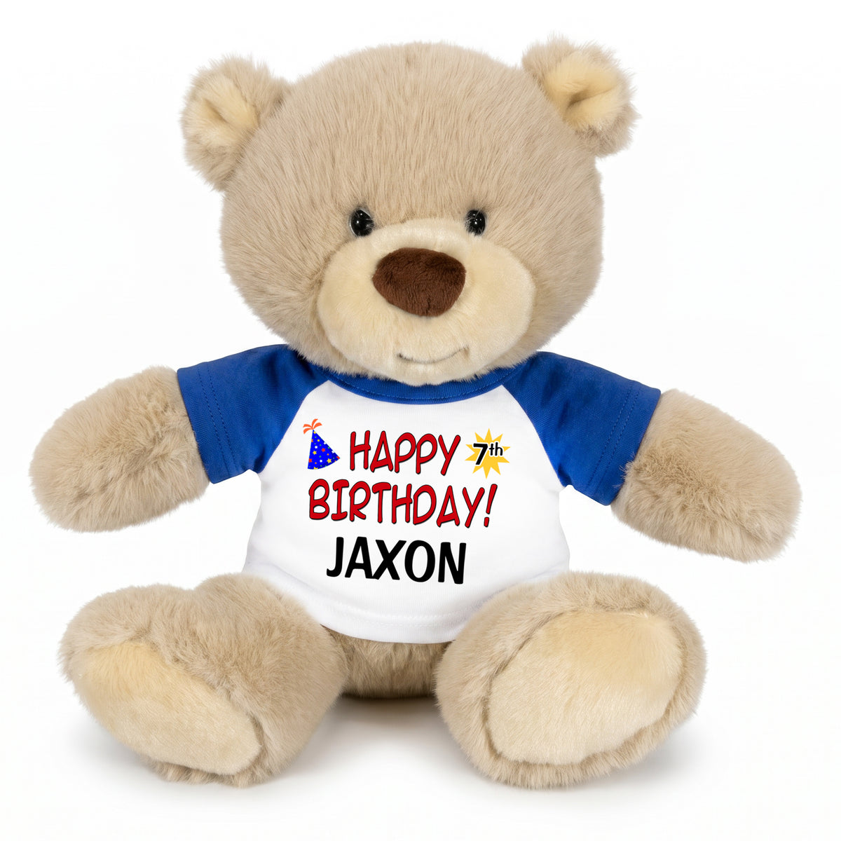 Personalized Birthday Teddy Bear - 10 Inch Tan Nuzzles Bear, Red Words, Blue Sleeved Shirt