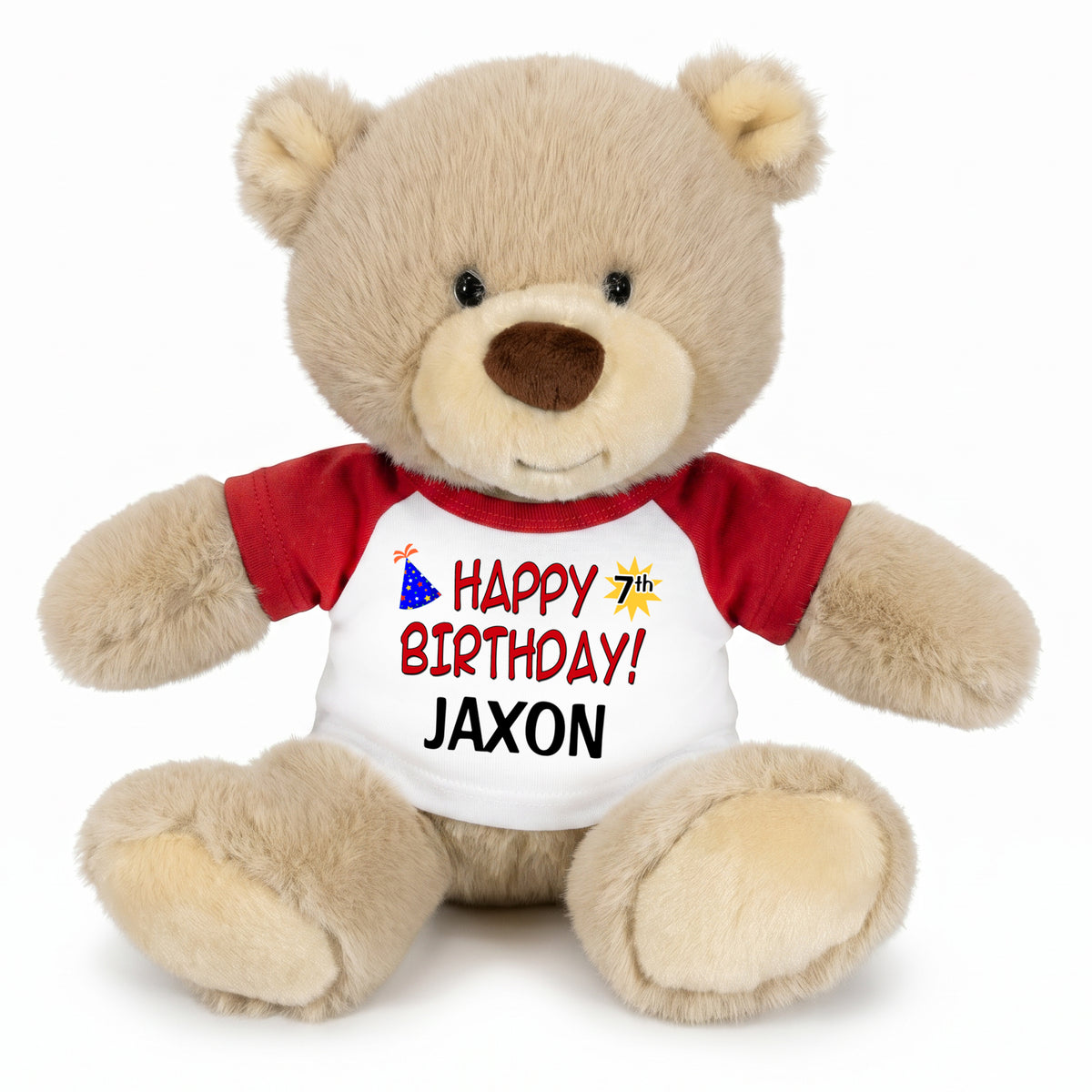 Personalized Birthday Teddy Bear - 10 Inch Tan Nuzzles Bear, Red Words, Red Sleeved Shirt