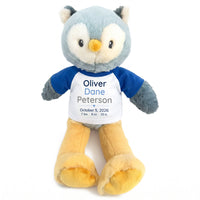 Personalized Stuffed Owl for Baby Boy or Girl - 12 Inch Ollie Owl - Custom printed shirt with baby's name, birth date, weight, and length - Royal Blue Shirt with Blue and Grey Design