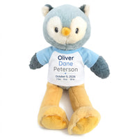 Personalized Stuffed Owl for Baby Boy or Girl - 12 Inch Ollie Owl - Custom printed shirt with baby's name, birth date, weight, and length - Light Blue Shirt with Blue and Grey Design