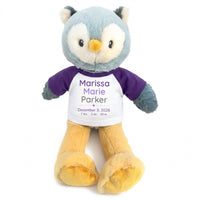 Personalized Stuffed Owl for Baby Boy or Girl - 12 Inch Ollie Owl - Custom printed shirt with baby's name, birth date, weight, and length - Purple Shirt with Purple and Grey Design