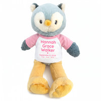 Personalized Stuffed Owl for Baby Boy or Girl - 12 Inch Ollie Owl - Custom printed shirt with baby's name, birth date, weight, and length - Pink Shirt with Pink Design