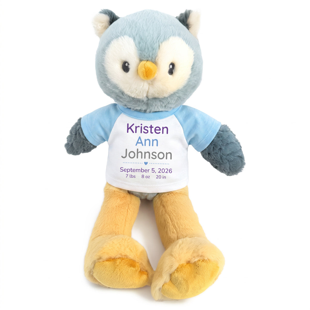 Personalized Stuffed Owl for Baby Boy or Girl - 12 Inch Ollie Owl - Custom printed shirt with baby's name, birth date, weight, and length - Light Blue Shirt with Purple, Blue, and Grey Design